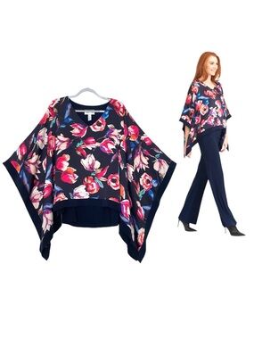 Joseph Ribkoff Tunic Size 18 Kimono Style Asymmetrical Floral Blouse Red Blue